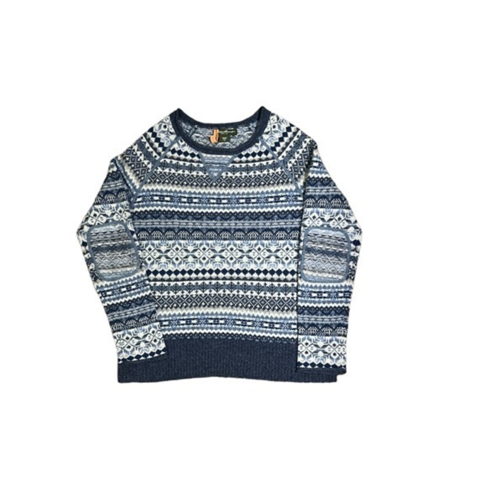 Eddie Bauer Fairisle 100% Lamb’s Wool Crew Nordic Sweater Blue White Gray Sz PM